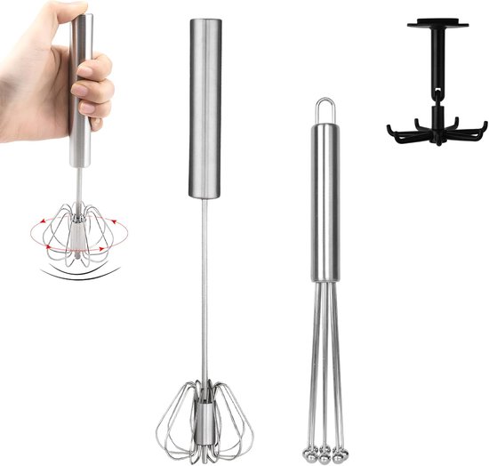 Set van 2 roestvrijstalen garde met 1 haak – mini-mixer met kralen, halfautomatische garde, multifunctionele handmixer voor het mengen en bereiden van je recepten, zilverkleurig van Alipis