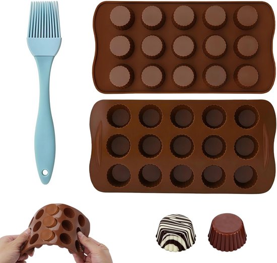 Set van 2 siliconen chocoladevormen met 15 verschillende vormen, ideaal voor chocolade, snoep, koekjes en ijsblokjes, inclusief siliconen kwast voor eenvoudig gebruik
