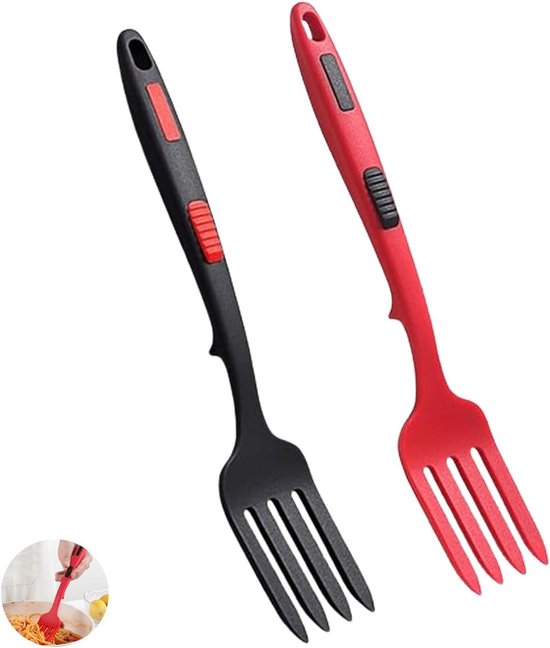 Set van 2 Siliconen Vorken voor Koken, Hittebestendig, Antiaanbaklaag, Ideaal voor Pasta en Bakken, Kleuren: Rood en Zwart, 181g