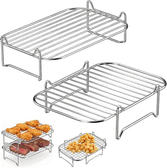 Set van 2 Stapelbare Airfryer Accessoires van RVS voor 7.6 L - 10.4 L Capaciteit, Oven en Stoomfunctie, Keuken Gadgets