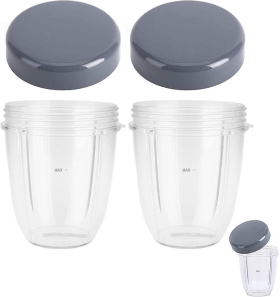 Set van 2 stuks - Blenderbeker met plat deksel van 530 ml (18 oz) - Vervangend accessoire voor blenders en sapcentrifuges van 900 W - Beker + deksel combinatie - Sapcentrifuge accessoire - 10 x 12 cm - Deksel met een diameter van 10 cm - Grijs