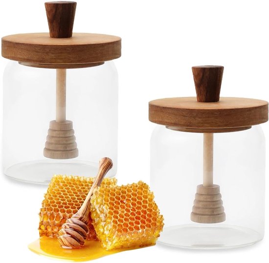 Set van 2 transparante honingglazen van 400 ml, lekvrije honingcontainers met deksel voor honing, siroop en jam, ideaal voor bijenliefhebbers en keukenaccessoires van Merkloos