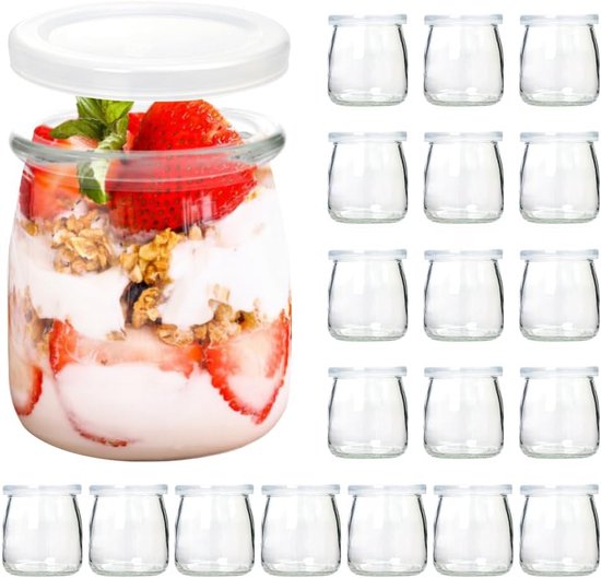 Set van 20 Glazen Yoghurt Potjes met Deksel (200ml) - Dessertglazen voor Pudding, Jam of Kaarsjes