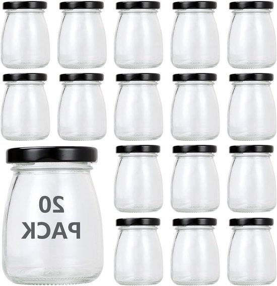 Set van 20 stuks 100ml glazen potjes met zwarte deksel voor yoghurt, jam, honing en mousse van Merkloos