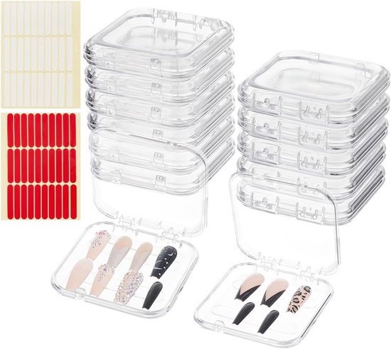 Set van 20 Transparante Nagelopbergdozen met Dubbelzijdige Plakband, Nagelstandaard en Verpakking voor Nagels