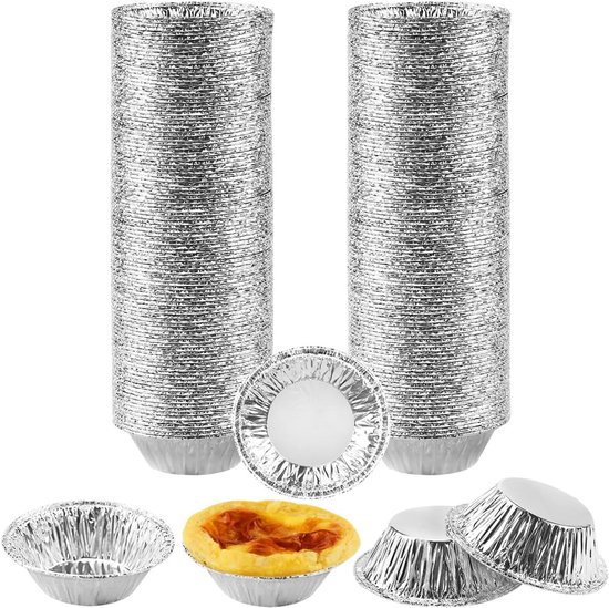 Set van 200 stuks aluminium Pasteis de Nata tartelette vormpjes, 7x2,5x4cm Pastel de Nata vormpjes, ei-taartvorm aluminium bakvormen, voor taarten, individuele cakes, vlaai