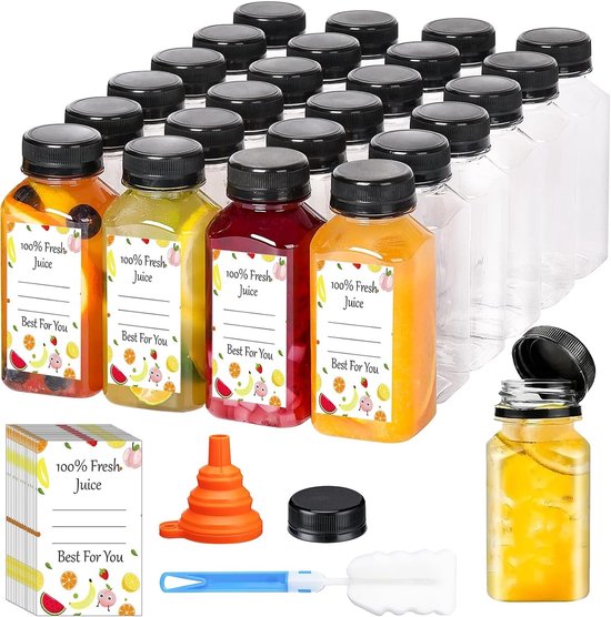 Set van 24 Herbruikbare 150ml Plastic Sapflessen met Schoonmaakborstel en Siliconen Trechter voor Sap, Water en Melk - Perfect voor Mini Koelkast en Juicer Shots