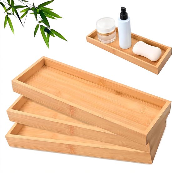 Set van 3 Bamboe Serveerplanken, Houten Opbergplanken, Rectangulaire Coasters voor Keuken, Badkamer en Kantoor