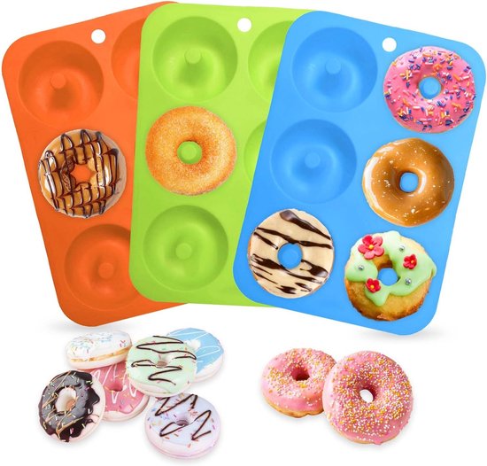 Set van 3 Donut Bakvormen met 6 Caves, Ideaal voor het Bakken van Donuts, Taarten en Koekjes in Diverse Kleuren