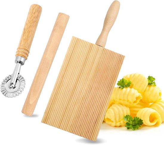 Set van 3 Gnocchi Borden van Hout met Snijders en Deegroller, 20,5 x 8,2 cm, Perfect voor Pasta en Gnocchi Bereiding, Essentiële Keukenaccessoires voor Pasta Liefhebbers