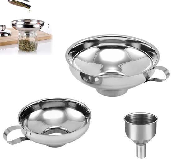 Set van 3 hoppers met handvat, roestvrijstalen keuken trechter voor jam, bonen, vloeistoffen en poeders van Merkloos