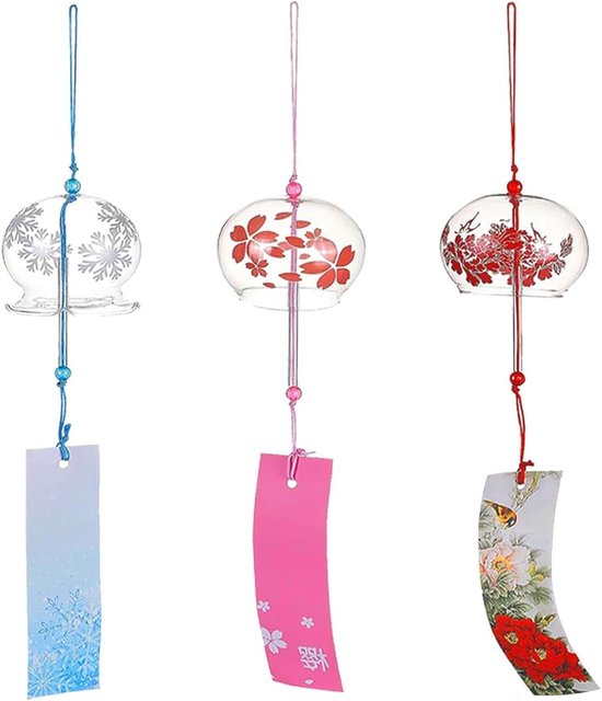Set van 3 Japanse Glazen Windgong in Roze - Decoratieve Geluksbrenger voor Buiten - Zonnelicht Vanger met Kersenbloesem Ontwerp van Merkloos