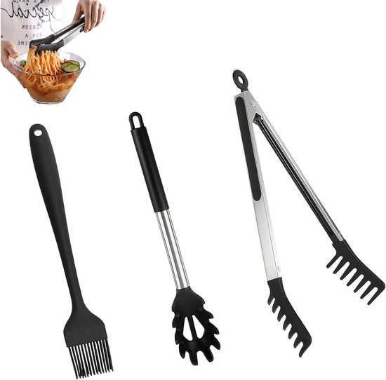 Set van 3 Keukengerei voor Pasta: Spaghetti Lepel, Tangen en Siliconen Olieborstel, Ideaal voor Koken en Serveren van Spaghetti en Ramen
