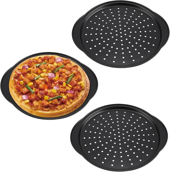 Set van 3 ronde perforatieschalen voor pizza van 32 cm - Carbon staal, anti-aanbak, ideaal voor oven en keuken bakken