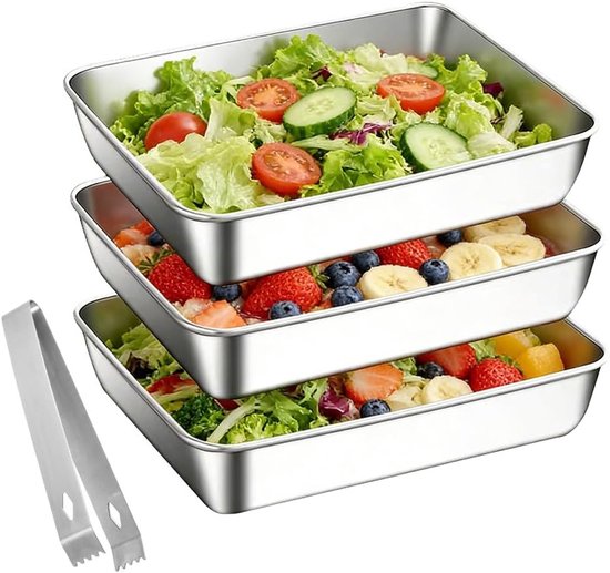 Set van 3 RVS Paneer Schalen met Clips - BPA Vrij, Vaatwasserbestendig voor Vlees, Vis en Groenten - 25 cm x 19 cm