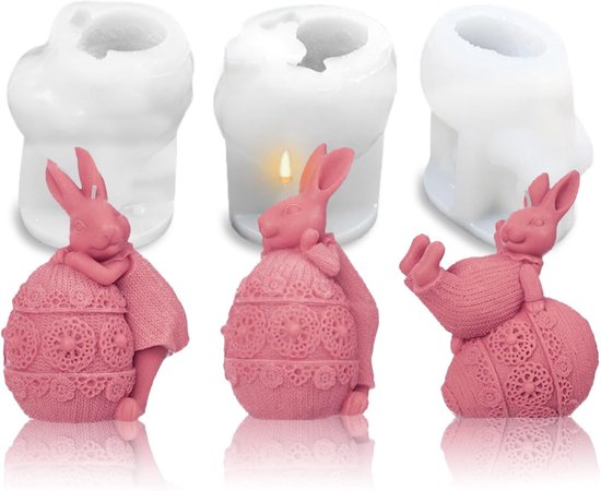 Set van 3 Silicone Mallen voor Pasen, 3D Mallen voor Konijnen, Kaarsen Maken en Snoepvormen