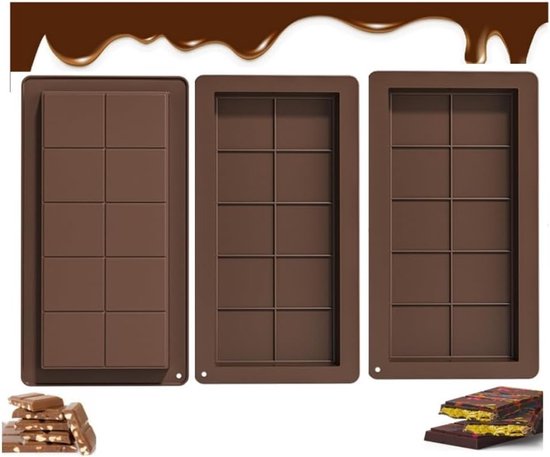Set van 3 Siliconen Chocolade Mallen voor Mini Chocoladerepen en Snoepjes, Ideaal voor Bakken in de Keuken van Merkloos