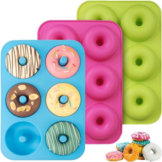 Set van 3 Siliconen Donut Bakvormen, Antiaanbak, BPA-vrij, Geschikt voor 40 tot 230 Graden, Perfect voor het Bakken van Donuts, Kleur: Groen en Roze van Merkloos