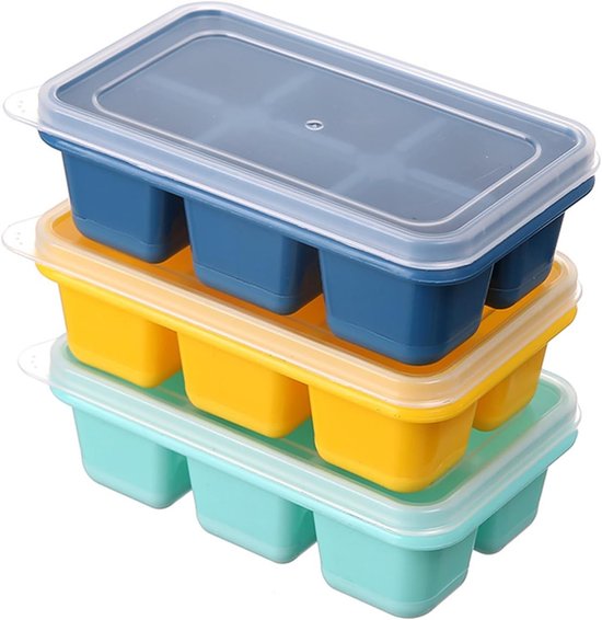 Set van 3 Stapelbare IJsblokjesvormen met Deksel - Siliconen en PP, Vaatwasserbestendig voor Whisky en Cocktails, Blauw/Groen/Geel