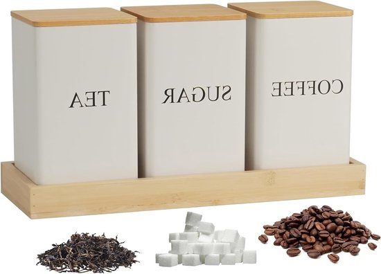 Set van 3 Suikertonnen voor Koffie en Thee, Witte IJzeren Opbergdozen met Bamboe Deksel en Lepels, Vierkante Geleide Voedselcontainers voor Landelijke Keuken Decoratie en Organisatie