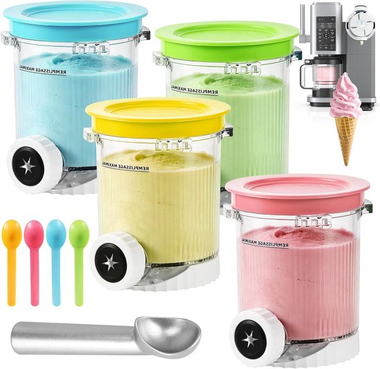 Set van 4 BPA-vrije reservebekers voor Swirl-containers, lekvrije deksels en lepels, vaatwasmachinebestendig, ideaal voor Ninja Creami-accessoires van Merkloos