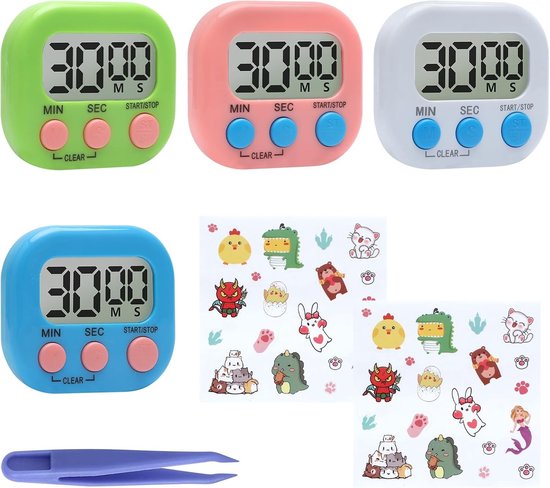 Set van 4 Digitale Keuken Timers, Magnetische Timer met Display, Stopwatch voor Koken, Training en Studio - Compact en Gebruiksvriendelijk