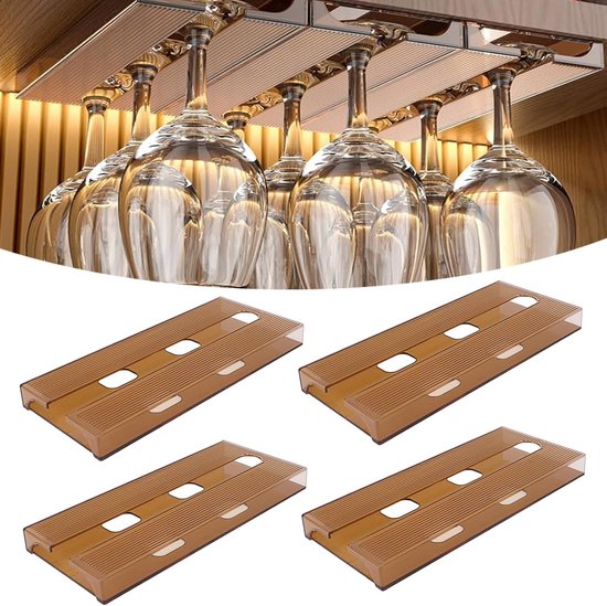 Set van 4 hangende wijnglashouders voor het ophangen van glazen zonder boren, ideaal voor bar, restaurant en keuken (bruin)