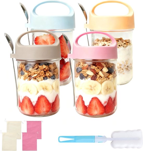 Set van 4 Herbruikbare Glazen Voor Overnight Oats met Deksel en Lepel - Ideaal voor Granola, Yoghurt en Salades, 410ml Oatmeal Glazen voor Thuisgebruik