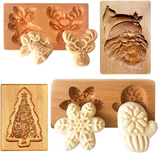 Set van 4 Houten Koekjesmallen - DIY Koekjesstempels voor Kerstmis, Bakgereedschap en 3D Embossing