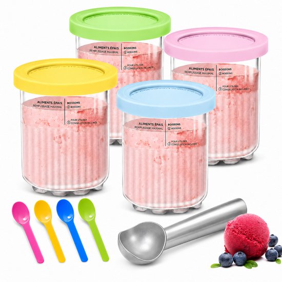 Set van 4 Ijsbekers Geschikt voor Ninja Creami - Herbruikbare Ijscontainers met Deksels en Lepels - Compatibel met NC300, NC301 & NC299AMZ Serie - 0.71L - BPA-Vrij - ijsschep inbegrepen
