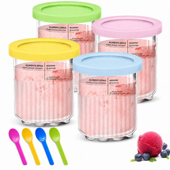 Set van 4 Ijsbekers Geschikt voor Ninja Creami - Herbruikbare Ijscontainers met Deksels en Lepels - Compatibel met NC300, NC301 & NC299AMZ Serie - 0.71L - BPA-Vrij