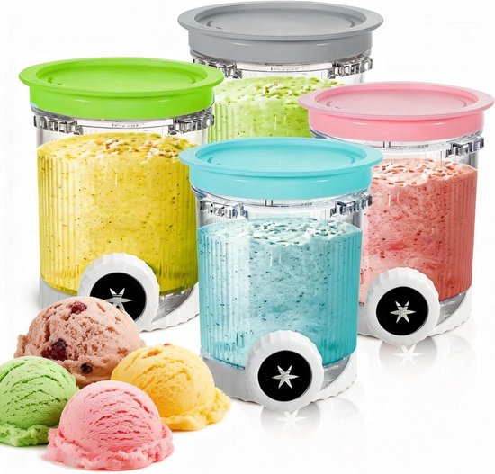 Set van 4 ijsspeldjes voor ijsmachines, vervangende pintcontainers met gekleurde deksels en wervelmondjes, vaatwasmachinebestendig en ideaal voor zelfgemaakt ijs van Merkloos