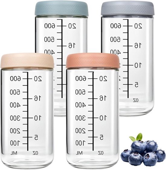Set van 4 Maaltijd Prep Glazen 750ml - Borosilicaat Bewaarpotten met Schroefdop - Luchtdichte Glazen voor Overnight Oats, Yoghurt, Salades en Pap
