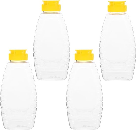 Set van 4 Plastic Sappenflessen en Honingdispensers met Deksel - Ideaal voor Juice Shops, Cafés en Catering (500g) van Merkloos