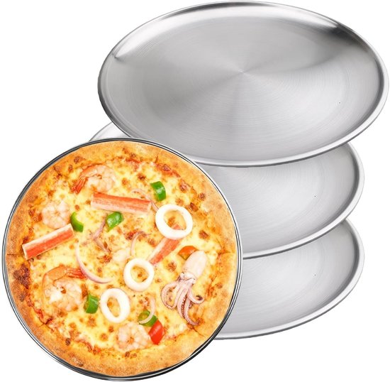 Set van 4 roestvrijstalen pizzaborden van 30 cm: ronde pizza platen, hoogwaardig design, ideaal voor oven en horeca, perfect voor thuisgebruik en feesten