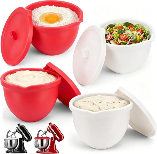 Set van 4 siliconen schaalinzetstukken met deksel voor 5 kwarts tilt-Head blender, voedselveilige bowl-liner voor mixen, bewaren en reinigen, rood en wit van Merkloos