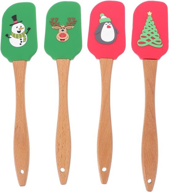 Set van 4 Siliconen Spatula's met Houten Handvat - Ideaal voor Bakken, Deeg Schrapen en Keukenaccessoires, Perfect als Cadeau voor Kerstmis