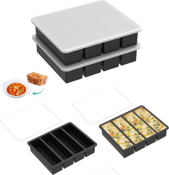 Set van 4 Siliconen Vriesvormen met Deksel - Stapelbare IJsblokjes, Soep- en Sauscontainer, Makkelijk te Vormen, Ideaal voor Diepvriezen en Bewaren