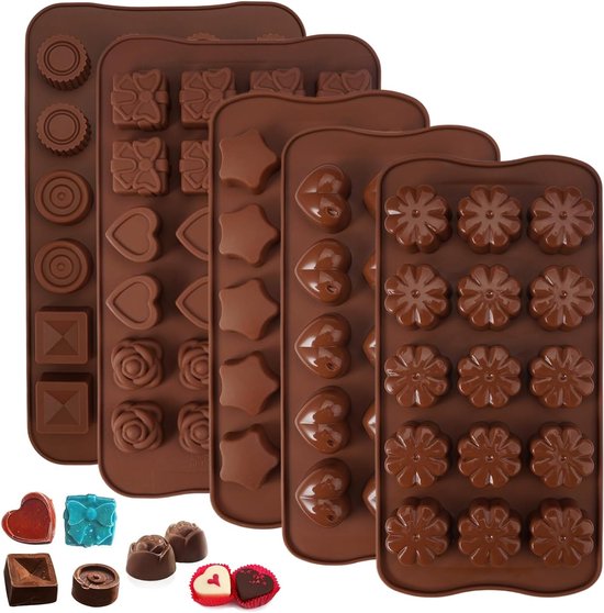 Set van 5 BPA-vrije, anti-aanbak siliconen bonbonvormen voor 3D chocolade, hittebestendig en ideaal voor koekjes en snoepjes maken van Merkloos