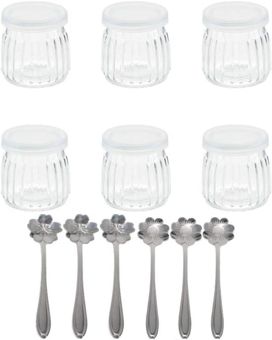 Set van 6 glas yoghurtpotten met deksels en dessertlepels van Mepal