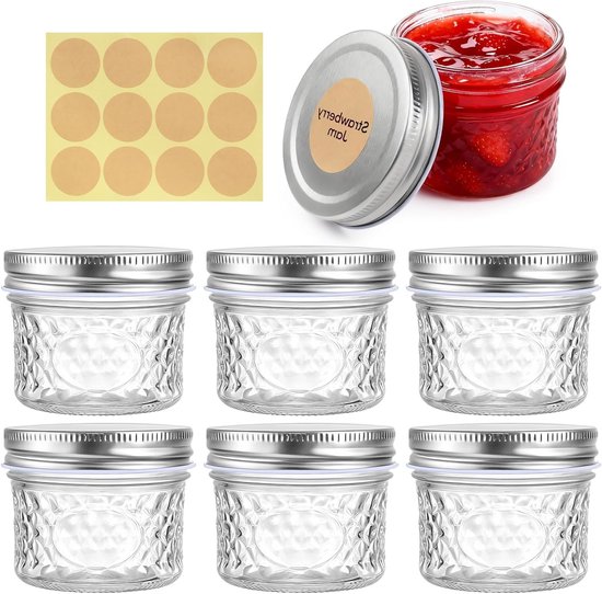 Set van 6 glazen potjes van 100 ml voor het bewaren van jam, specerijen en snacks, ideaal voor yoghurt, havermout en zoetigheden