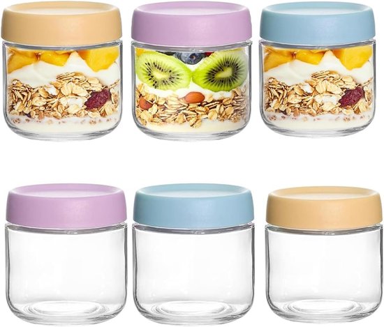 Set van 6 Glazen Potten voor Overnight Oats, 500ml + 300ml Pot met Deksel, Ideaal voor Snacks en Yogurt Parfait (350ml) van Merkloos