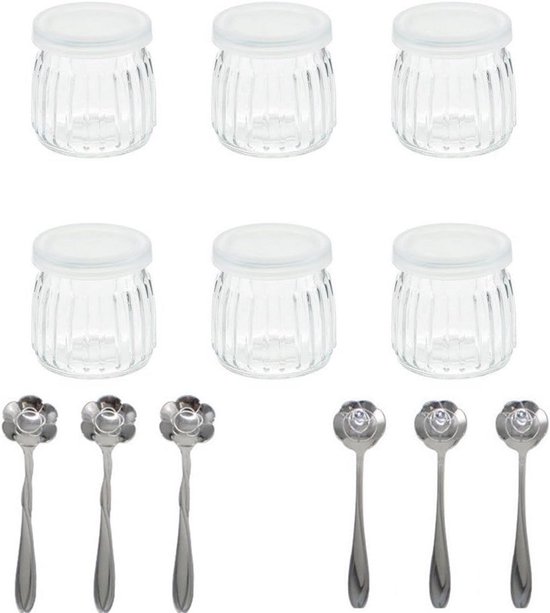 Set van 6 Glazen Yoghurtpotjes met Deksel, Puddingvormpjes 100ml van Merkloos