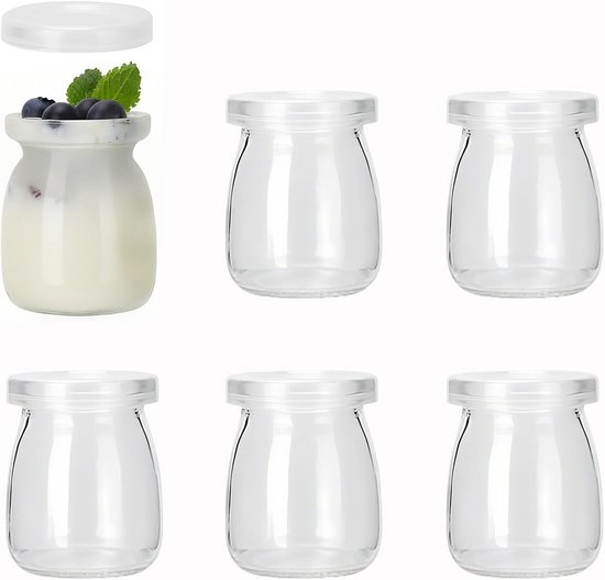 Set van 6 Glazen Yoghurttanks met Deksel - Lekvrije Reiskleine Potjes voor Jam, Honing en Desserts, Geschikt voor Vaatwasser