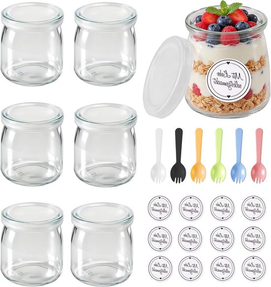 Set van 6 heldere 200ml dessertglazen met deksel, lepel en labels - ideaal voor yoghurt, pudding, jam en honing opslag