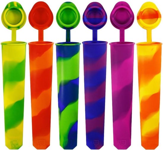 Set van 6 Herbruikbare Siliconen IJsjesvormen met Deksel, Kleurige IJsjesmaker voor Gezonde Snacks en Yogurt Tubes