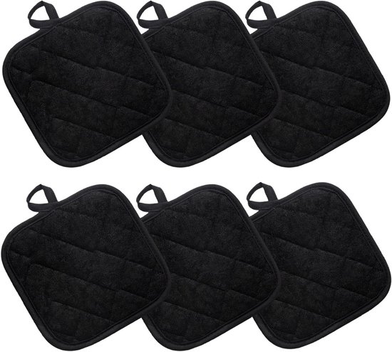 Set van 6 Hittebestendige Pothouders en Ovenwantjes voor de Keuken, Katoenen Warmtebestendige Onderzetters en Keukentextiel (Zwart)