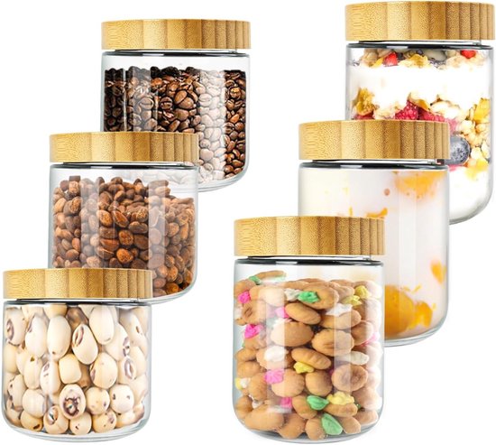 Set van 6 Oats Flessen voor Nacht Havermout, Luchtdichte Glazen Potten, Ideaal voor Yoghurt en Fruit, 300/500ml