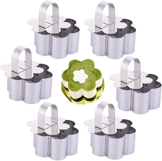 Set van 6 RVS Bakringen voor Desserts - Mini Cake en Mousse Vormpjes met Duwsteker in Bloemvorm