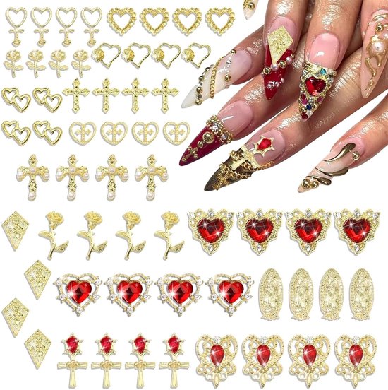 Set van 60 gouden nagels, 3D nagelsieraden, nageldecoratie met 15 verschillende ontwerpen zoals harten en kruisen, duurzame en stijlvolle nagelaccessoires van Merkloos